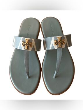 Tory‎ Burch Mini Everly Geometric Blue Grey Sandals Double T 7